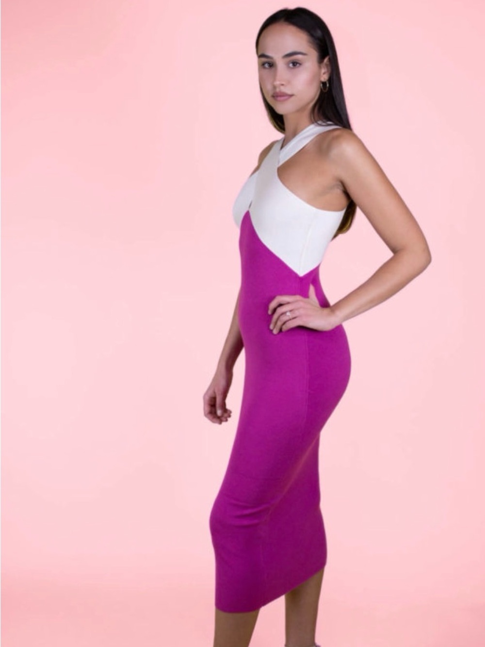 Lush Cream and Fuchsia Crisscross Knit Halter Midi Dress - Picture 8 of 14